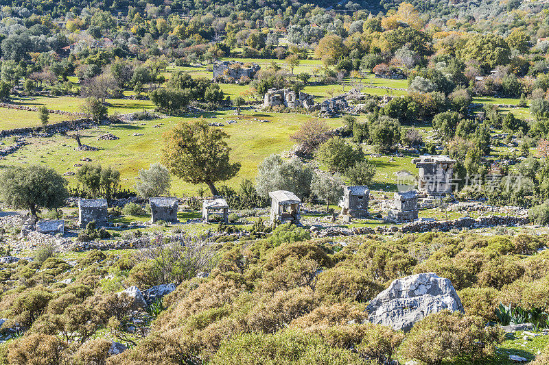 来自Dodurga村的Sidyma古城。Fethiye, Mugla，土耳其。